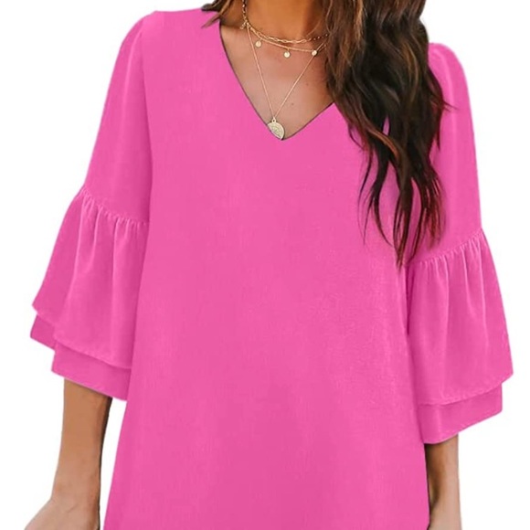 (1734) BELONGSCI Women Dress V-Neck Self Tie 3/4 Sleeve Casual Loose Shift Mini - Picture 3 of 6